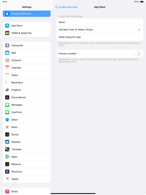Press the required setting to turn the function on or off.