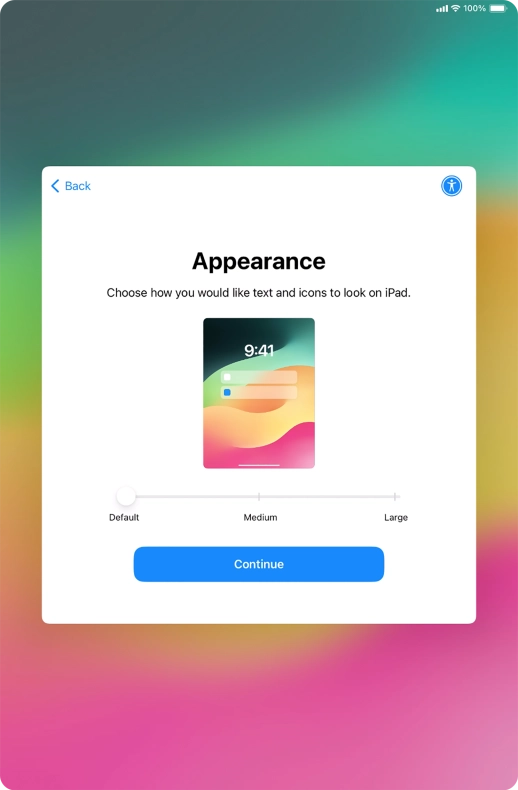 Select the required text and icon size on your tablet and press Continue.