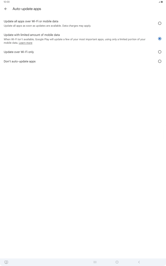 To turn on automatic update of apps using mobile network, press Update all apps over Wi-Fi or mobile data.