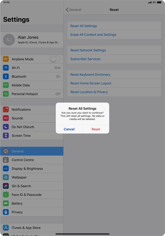 Press Reset. Wait a moment while the factory default settings are restored. Follow the instructions on the screen to set up your tablet and prepare it for use.