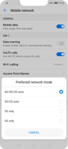 Press the required network mode.