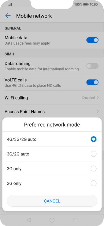 Press the required network mode.