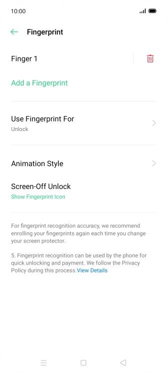 Press the delete icon next to the required fingerprint.
