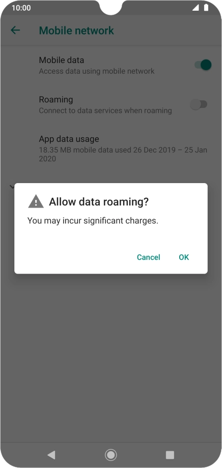 If you turn on data roaming, press OK.