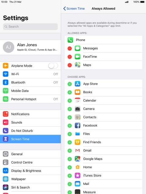 Press the add icon next to the required app to add it to the list of allowed apps during Downtime.