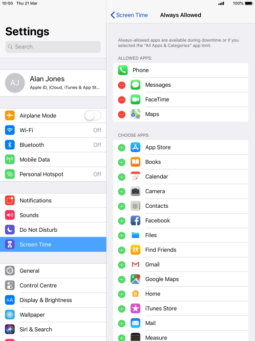 Press the add icon next to the required app to add it to the list of allowed apps during Downtime.