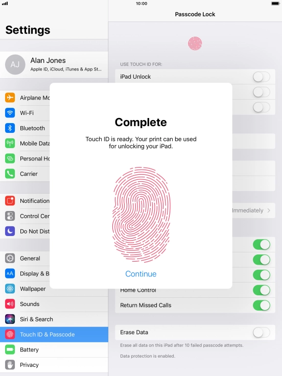 Press Continue. If you haven't previously selected a lock code, key in a code of your own choice twice.