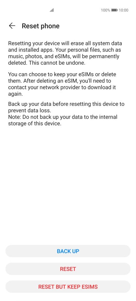 Press RESET. Wait a moment while the factory default settings are restored. Follow the instructions on the screen to set up your phone and prepare it for use.