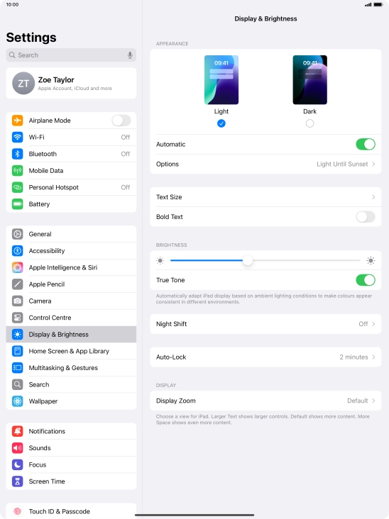If you turn on the function, press Options and follow the instructions on the screen to select the required period of time for Dark Mode.