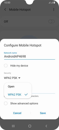 Press WPA2 PSK to password protect your Wi-Fi hotspot.