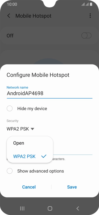 Press WPA2 PSK to password protect your Wi-Fi hotspot.