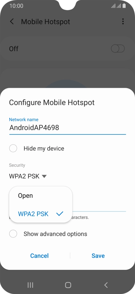 Press WPA2 PSK to password protect your Wi-Fi hotspot.