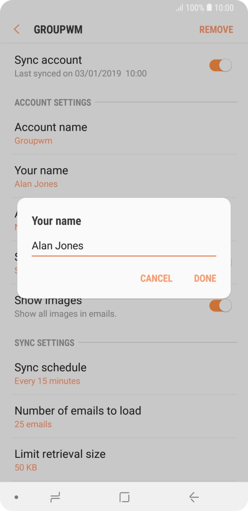 Key in the required sender name and press DONE.