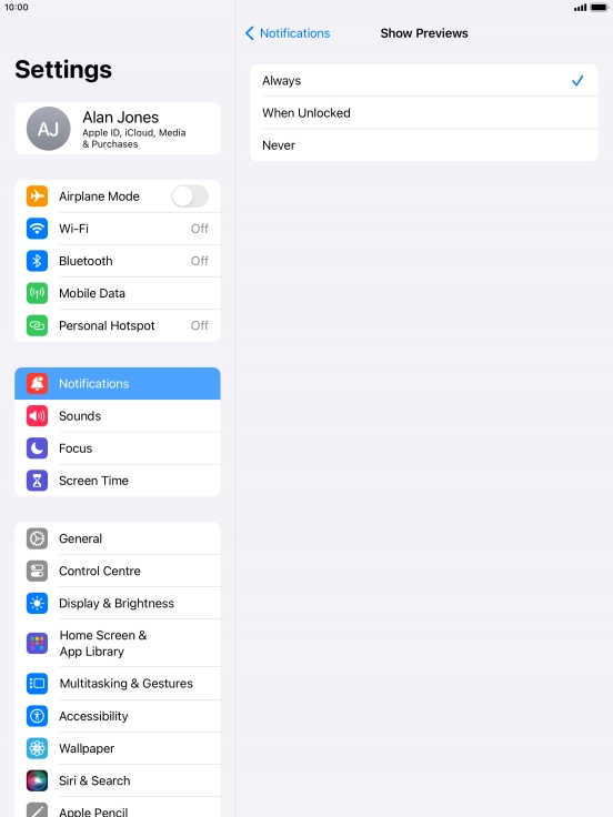 To select notification preview on the lock screen, press Always.