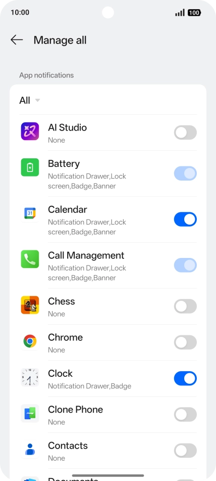 Press the indicators next to the required apps to turn the function on or off.