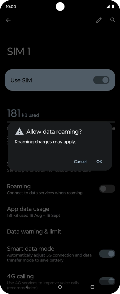 If you turn on data roaming, press OK.