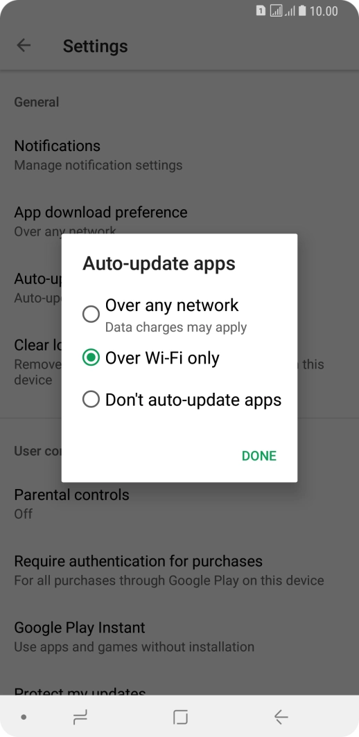 To turn on automatic update of apps using mobile network, press Over any network Data charges may apply.