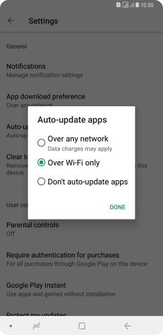 To turn on automatic update of apps using mobile network, press Over any network Data charges may apply.