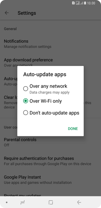 To turn on automatic update of apps using mobile network, press Over any network Data charges may apply.