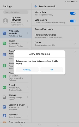 If you turn on data roaming, press OK.