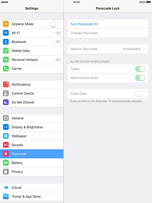 Press Turn Passcode On and key in a lock code of your own choice twice.