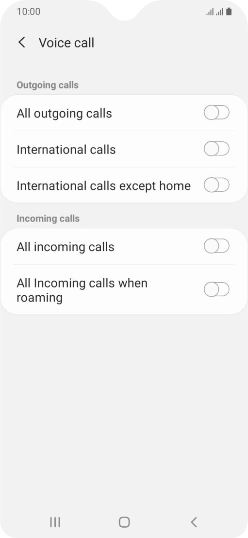 Press the indicator next to the required barring type to turn the function on or off.