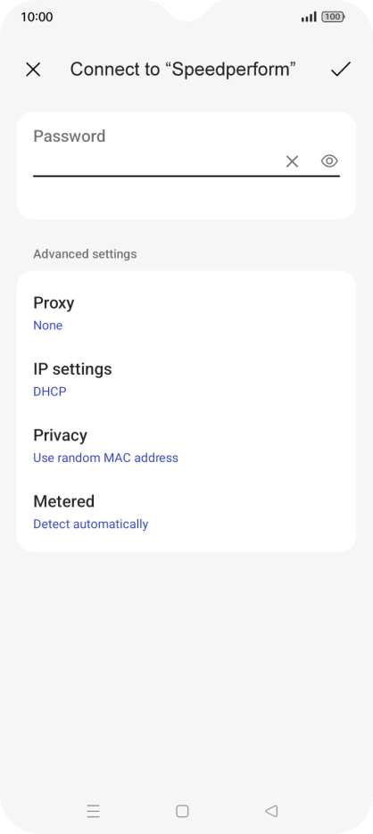 Key in the password for the Wi-Fi network and press the confirm icon.