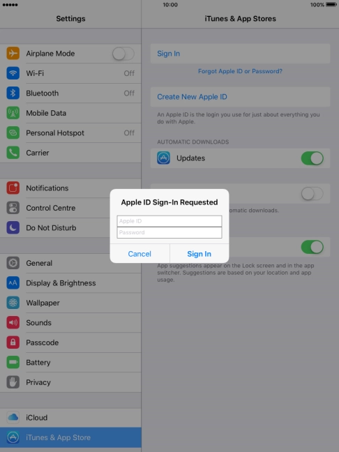 Press Apple ID and key in the username for your Apple ID.