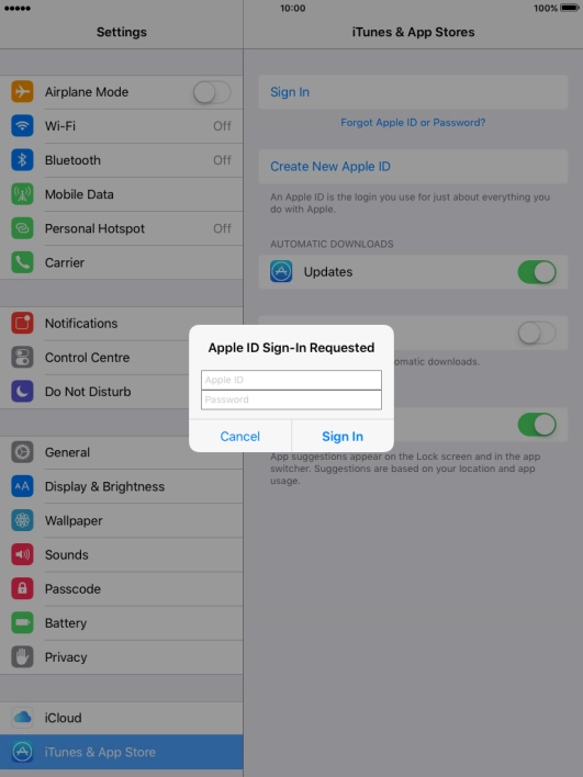 Press Apple ID and key in the username for your Apple ID.