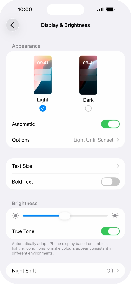 If you turn on the function, press Options and follow the instructions on the screen to select the required period of time for Dark Mode.