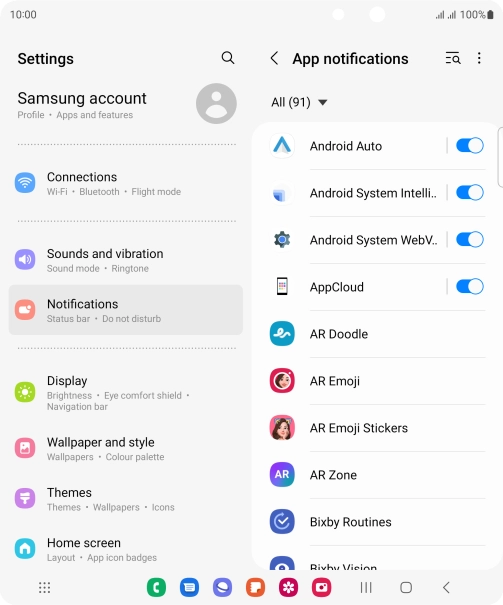 Press the indicators next to the required apps to turn the function on or off.