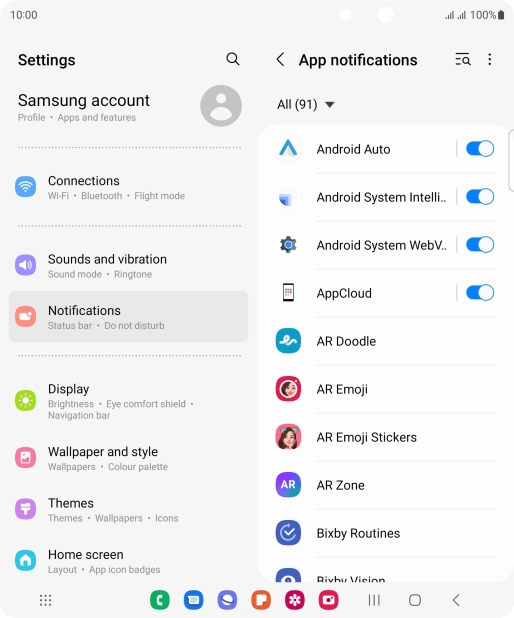 Press the indicators next to the required apps to turn the function on or off.