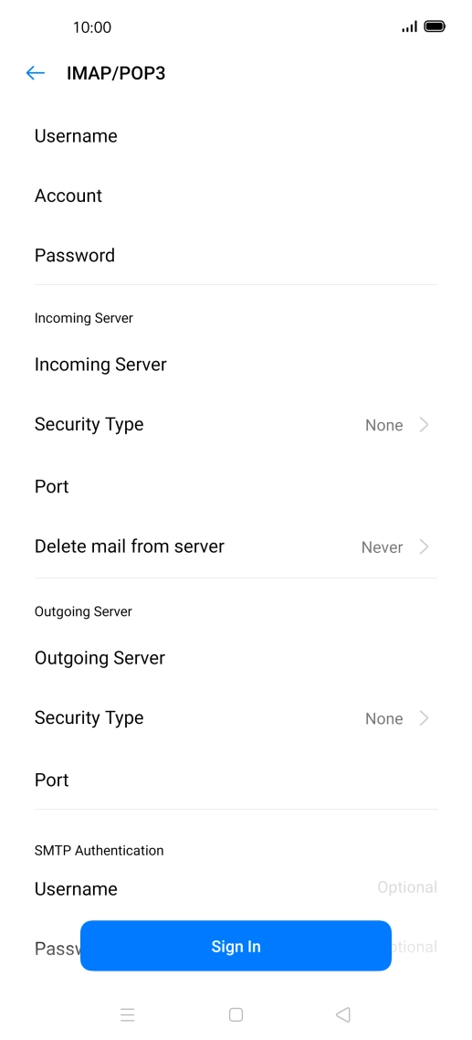 Press Username and key in the username for your email account.
