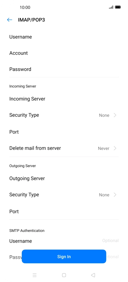 Press Username and key in the username for your email account.