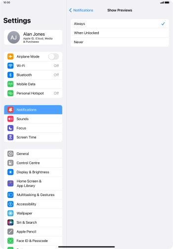 To select notification preview on the lock screen, press Always.