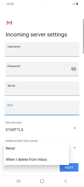 Press Never to keep email messages on the server when you delete them on your phone.