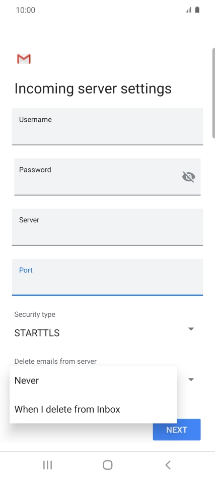 Press Never to keep email messages on the server when you delete them on your phone.