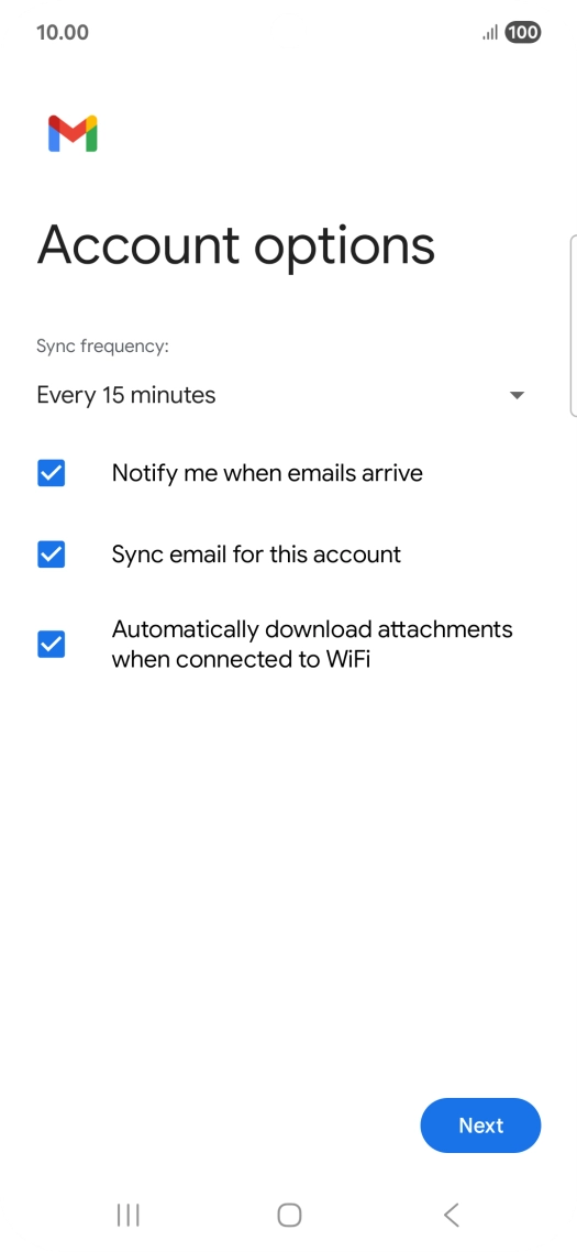 If this screen is displayed, you email account has been recognised and set up automatically. Follow the instructions on the screen to key in more information and finish setting up your phone.