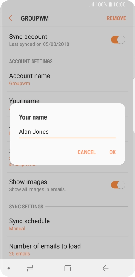 Key in the required sender name and press OK.