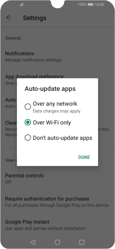 To turn on automatic update of apps using mobile network, press Over any network.