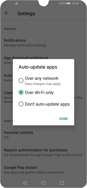 To turn on automatic update of apps using mobile network, press Over any network.