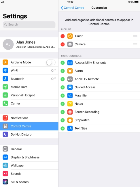 Press the delete icon next to the required function to remove it from Control Centre.