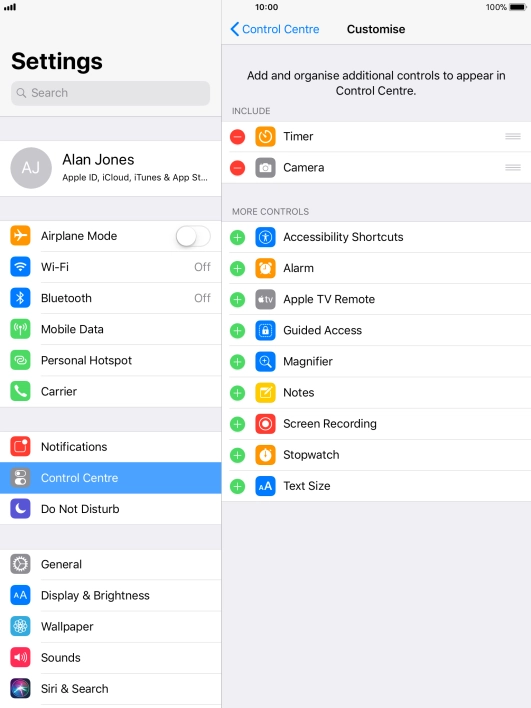 Press the delete icon next to the required function to remove it from Control Centre.