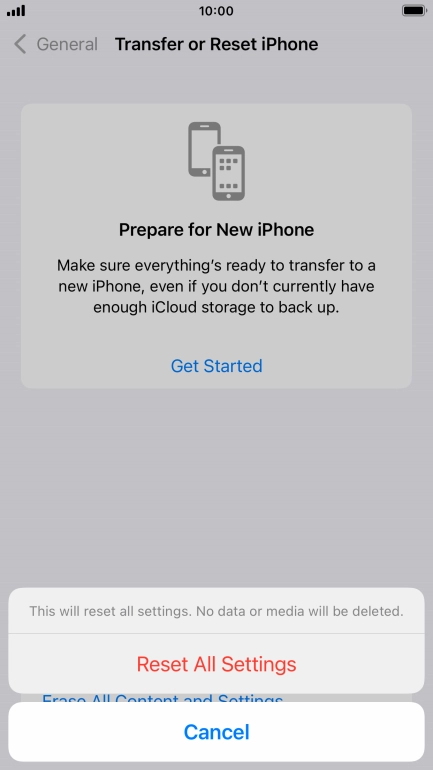 Press Reset All Settings. Wait a moment while the factory default settings are restored. Follow the instructions on the screen to set up your phone and prepare it for use.