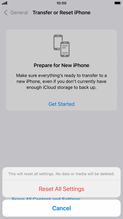 Press Reset All Settings. Wait a moment while the factory default settings are restored. Follow the instructions on the screen to set up your phone and prepare it for use.