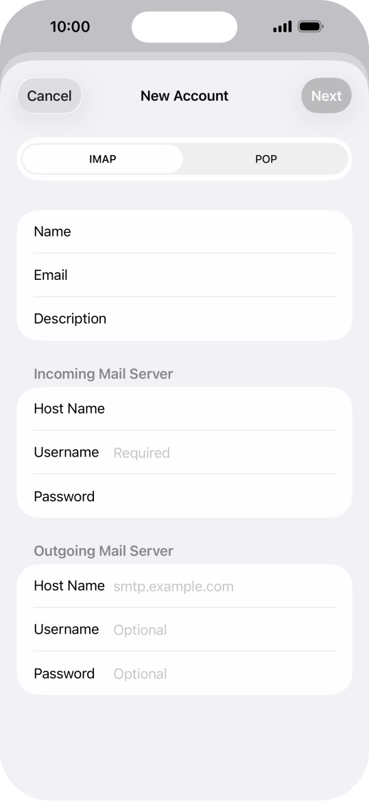 Press Username and key in the username for your email account.