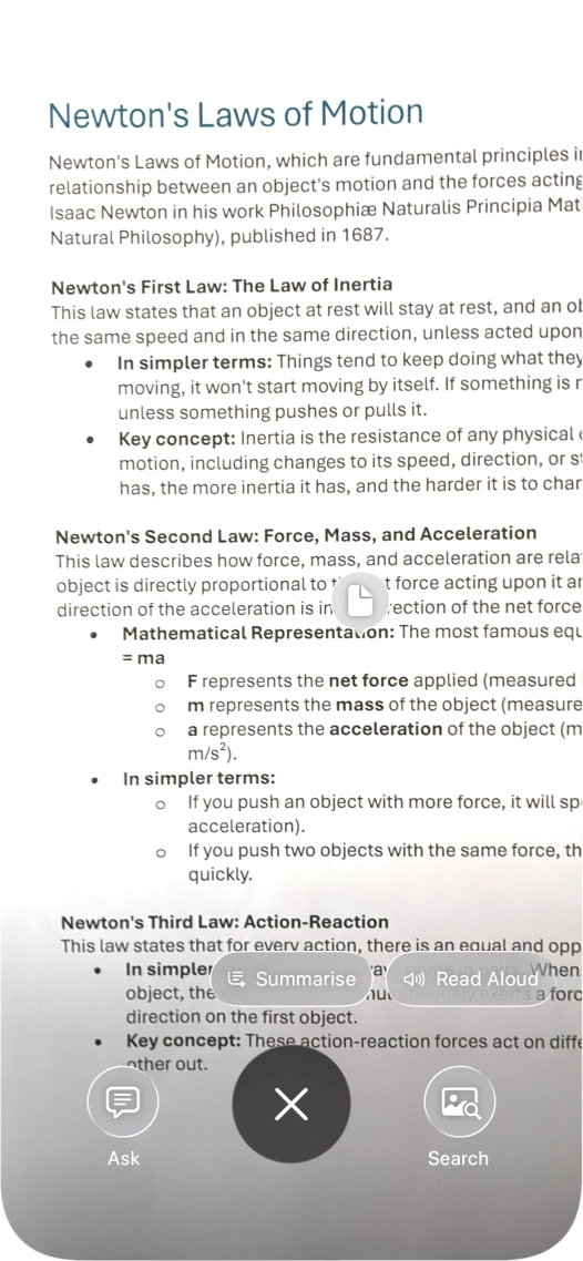 To use visual intelligence on a text, take a picture of the text, press the required setting and follow the instructions on the screen to use the function.