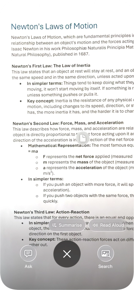 To use visual intelligence on a text, take a picture of the text, press the required setting and follow the instructions on the screen to use the function.