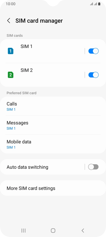 Press the indicator next to the required SIM to turn use of the SIM on or off.