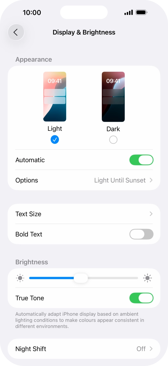 If you turn on the function, press Options and follow the instructions on the screen to select the required period of time for Dark Mode.